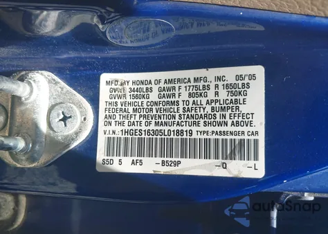 2005 Honda Civic Vp из США, поврежденный, VIN 1HGES16305L018819